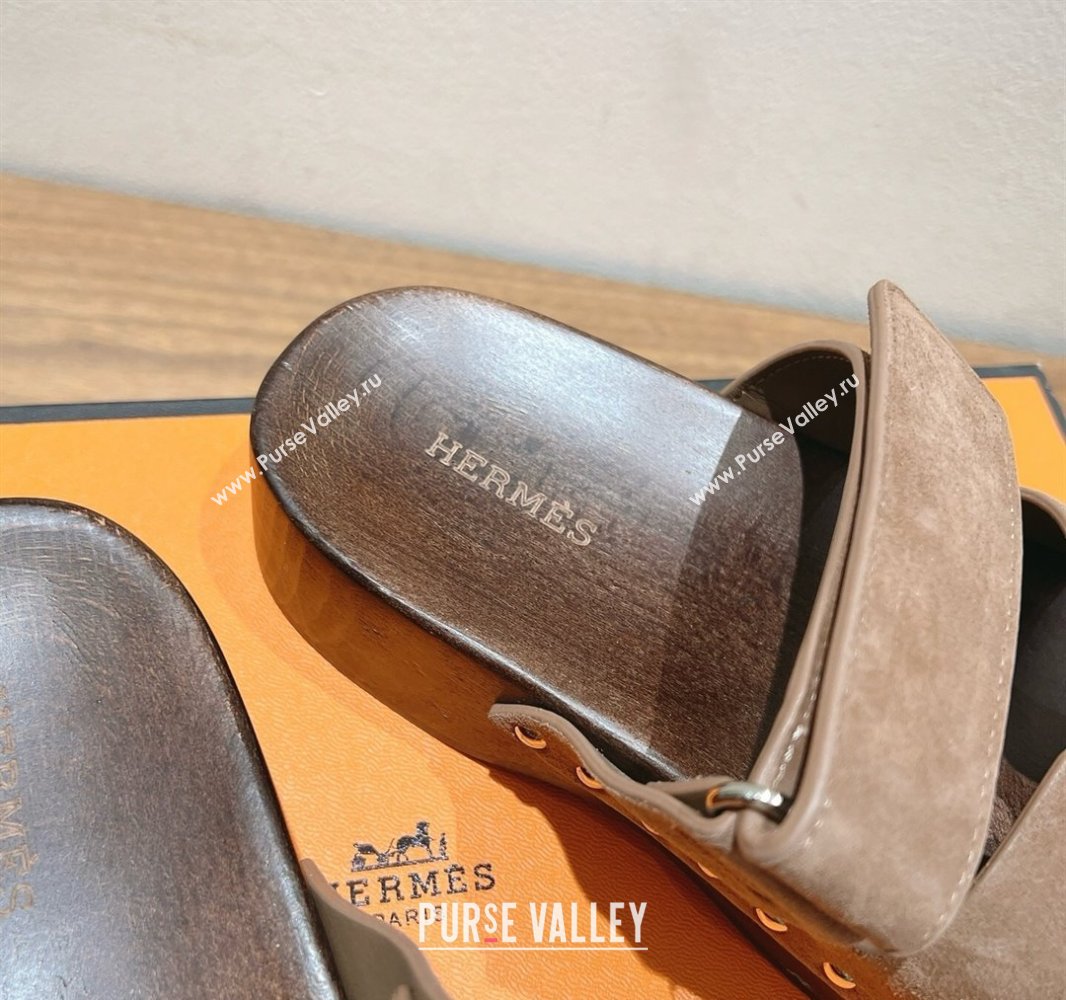Hermes Kos Clog Slides Sandal 4cm in Suede and Wood Outsole Dark Brown 2025 0419 (XC-250419039)
