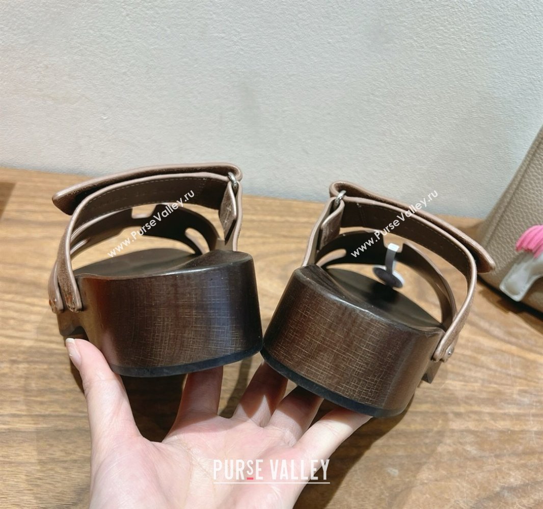 Hermes Kos Clog Slides Sandal 4cm in Suede and Wood Outsole Dark Brown 2025 0419 (XC-250419039)