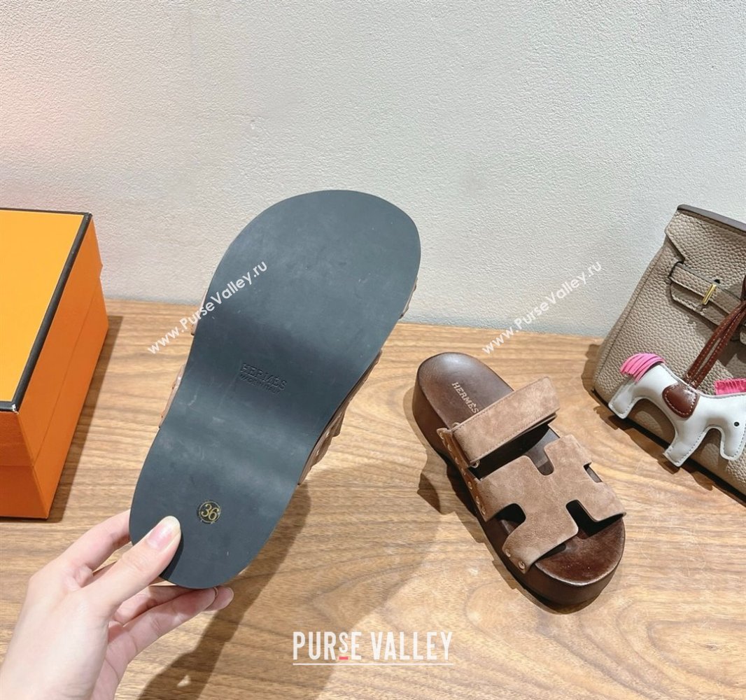 Hermes Kos Clog Slides Sandal 4cm in Suede and Wood Outsole Dark Brown 2025 0419 (XC-250419039)