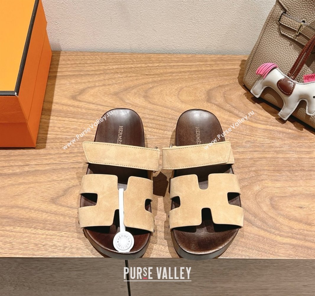 Hermes Kos Clog Slides Sandal 4cm in Suede and Wood Outsole Beige2 2025 0419 (XC-250419040)