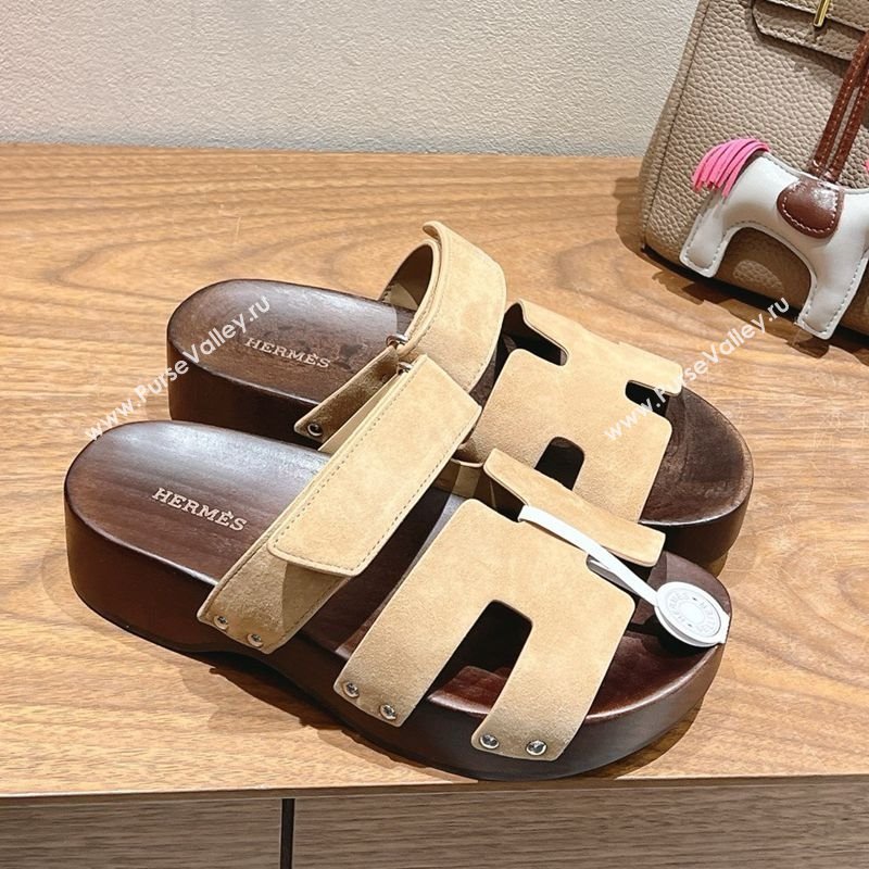 Hermes Kos Clog Slides Sandal 4cm in Suede and Wood Outsole Beige2 2025 0419 (XC-250419040)