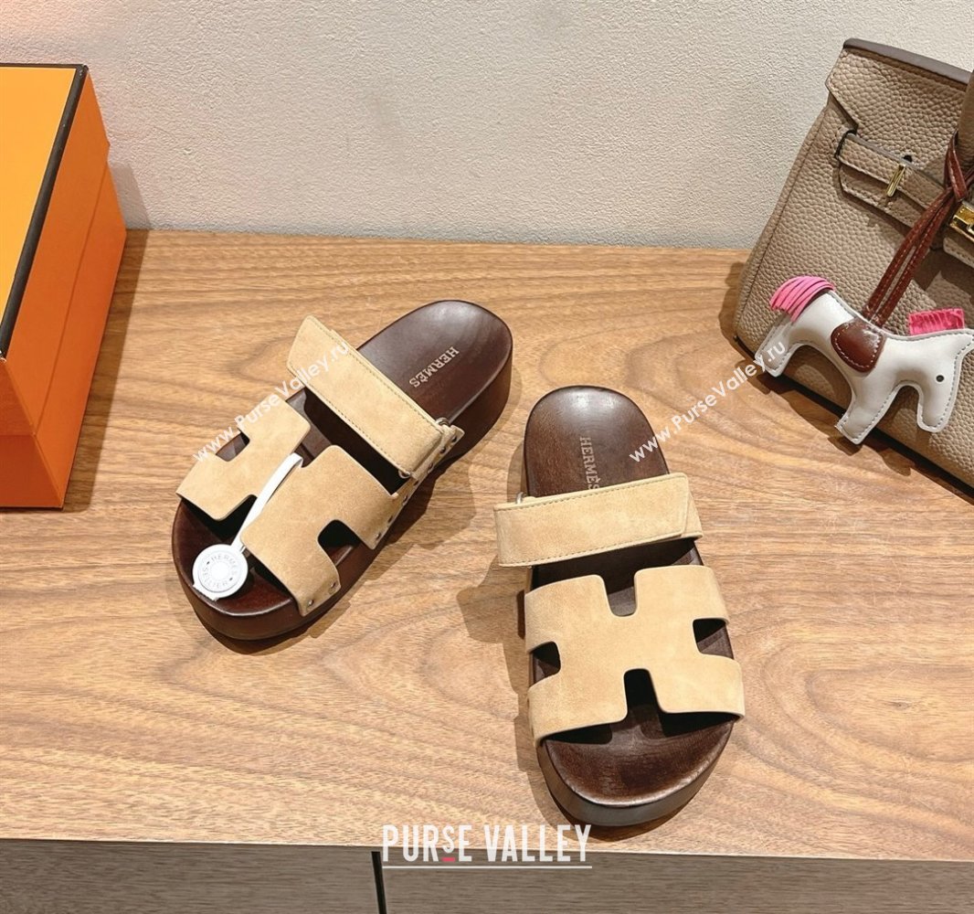 Hermes Kos Clog Slides Sandal 4cm in Suede and Wood Outsole Beige2 2025 0419 (XC-250419040)