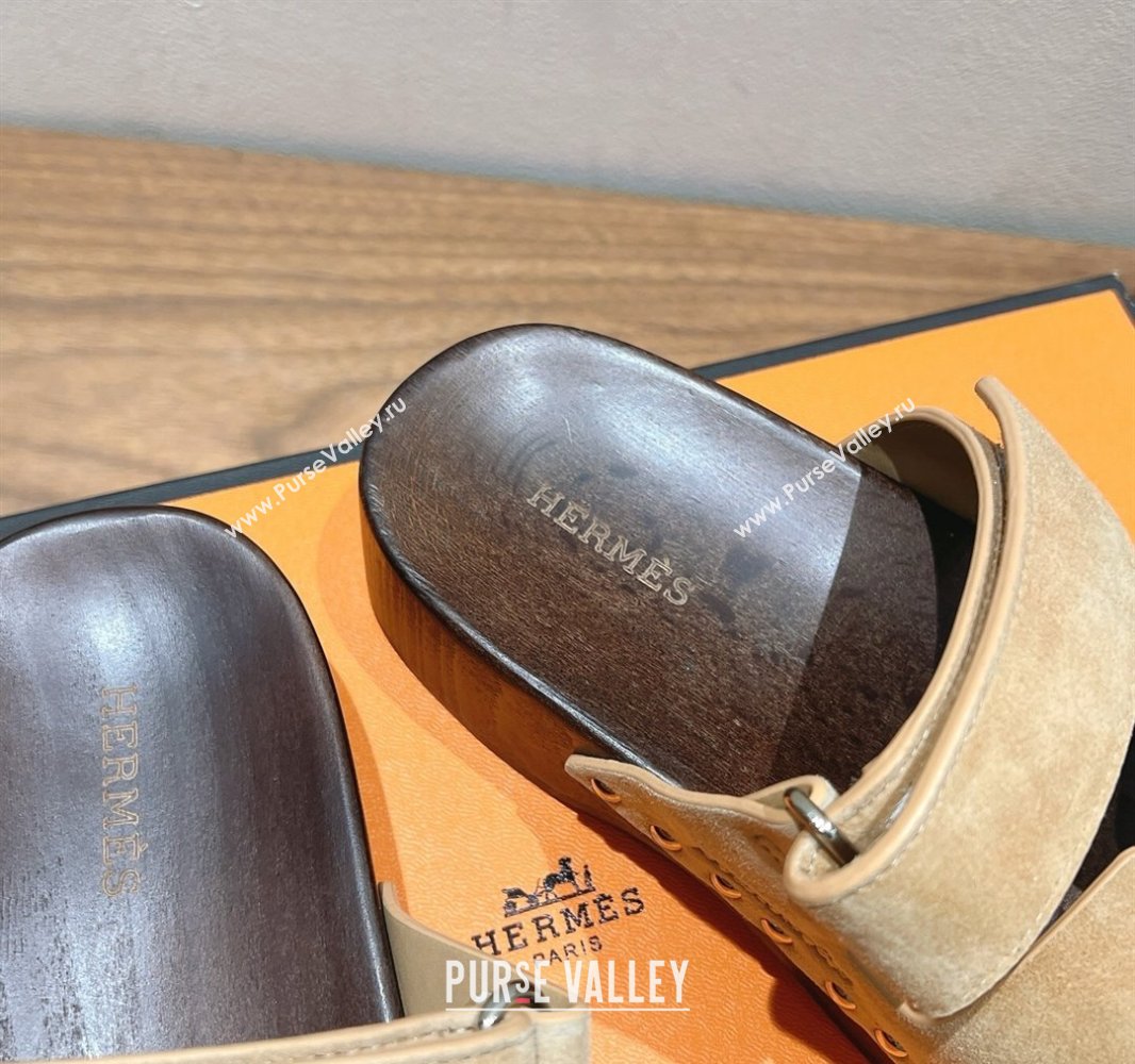 Hermes Kos Clog Slides Sandal 4cm in Suede and Wood Outsole Beige2 2025 0419 (XC-250419040)