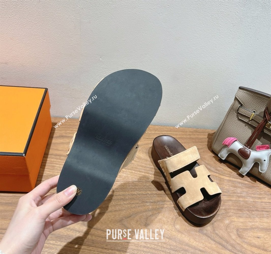 Hermes Kos Clog Slides Sandal 4cm in Suede and Wood Outsole Beige2 2025 0419 (XC-250419040)