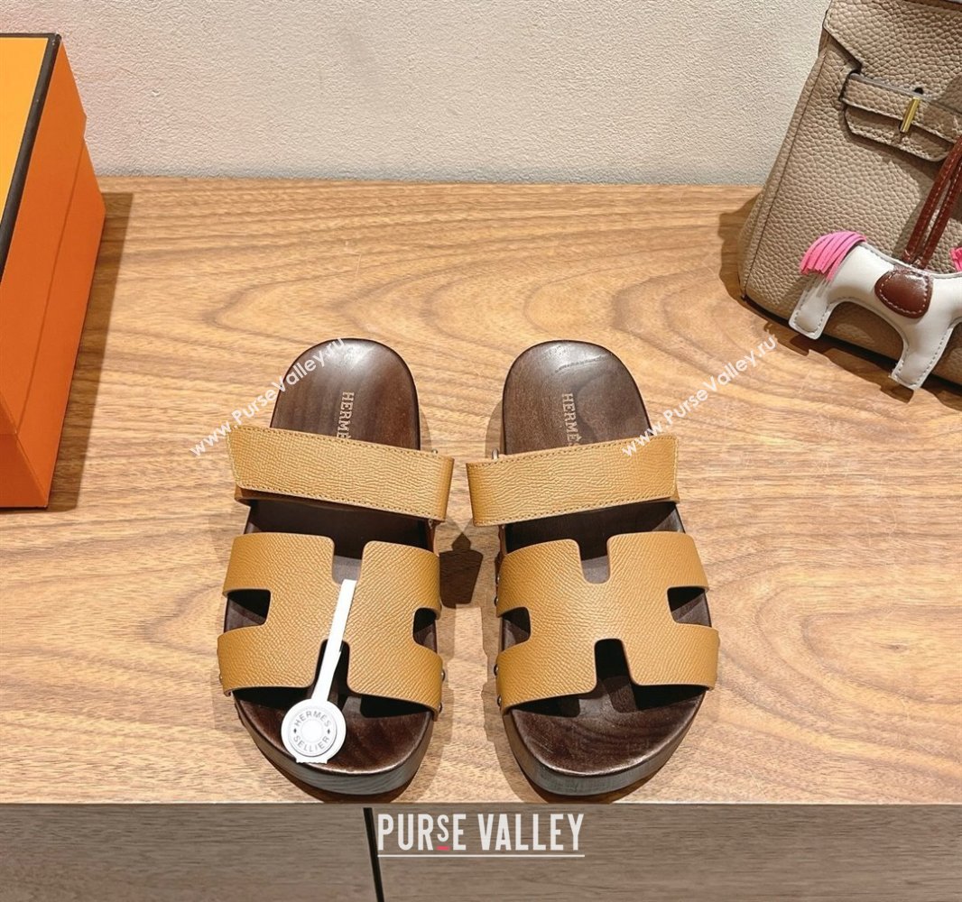 Hermes Kos Clog Slides Sandal 4cm in Epsom Leather and Wood Outsole Light Brown 2025 0419 (XC-250419042)
