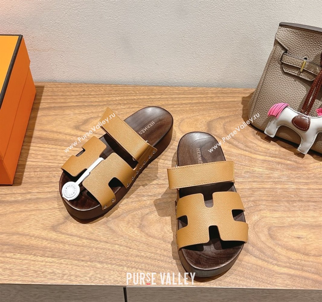 Hermes Kos Clog Slides Sandal 4cm in Epsom Leather and Wood Outsole Light Brown 2025 0419 (XC-250419042)