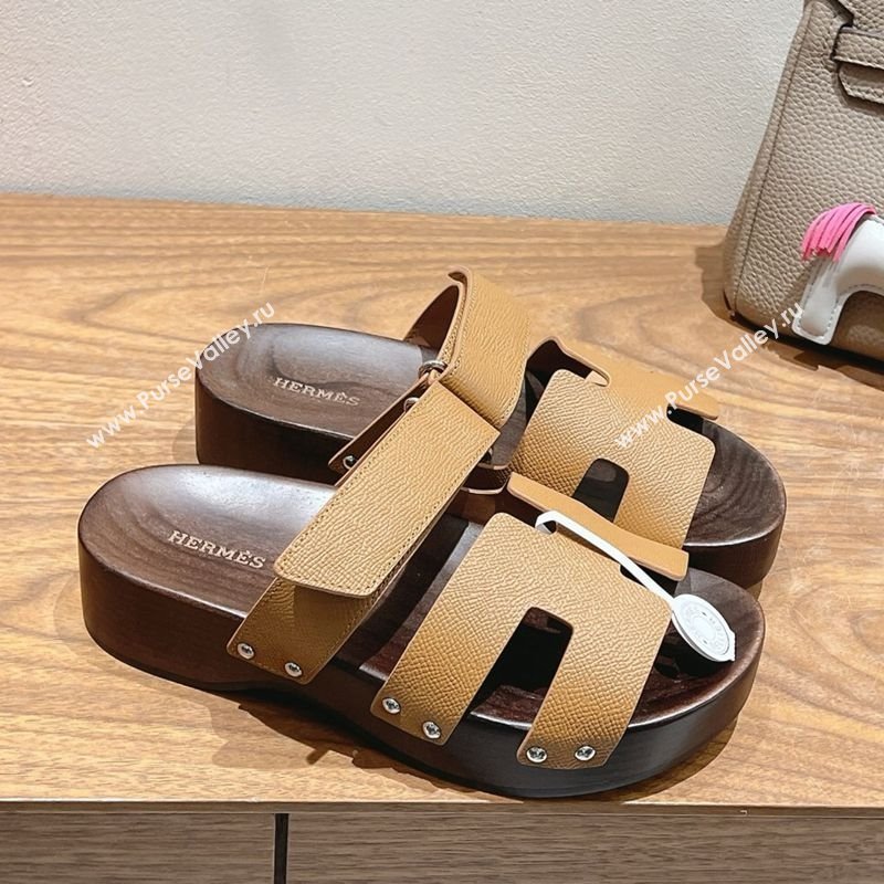 Hermes Kos Clog Slides Sandal 4cm in Epsom Leather and Wood Outsole Light Brown 2025 0419 (XC-250419042)