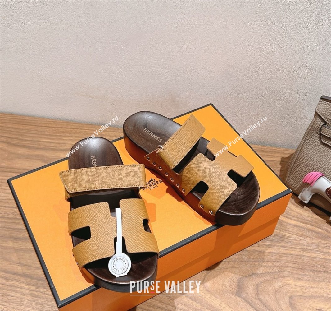 Hermes Kos Clog Slides Sandal 4cm in Epsom Leather and Wood Outsole Light Brown 2025 0419 (XC-250419042)