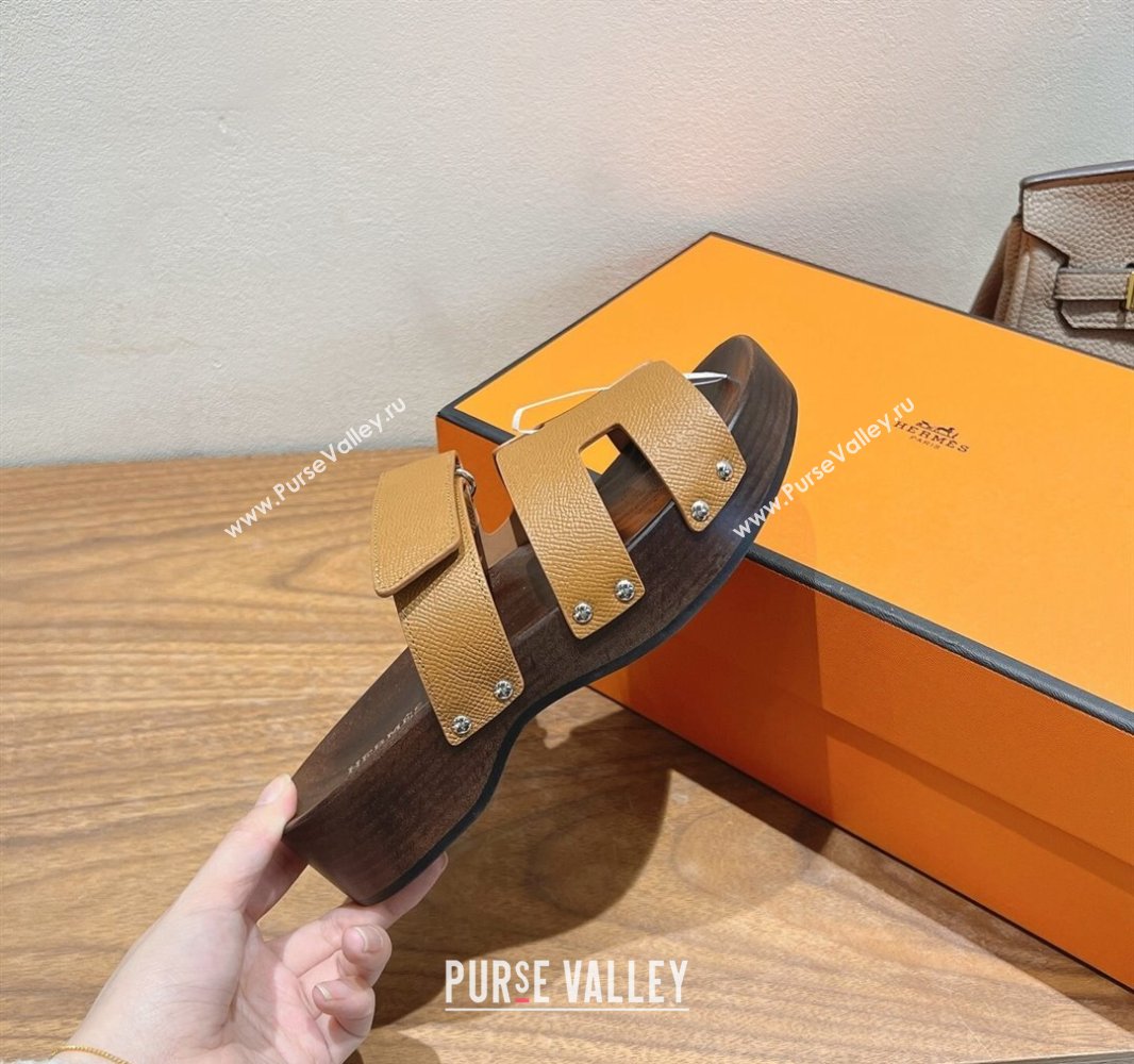 Hermes Kos Clog Slides Sandal 4cm in Epsom Leather and Wood Outsole Light Brown 2025 0419 (XC-250419042)