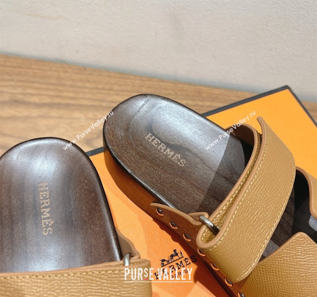 Hermes Kos Clog Slides Sandal 4cm in Epsom Leather and Wood Outsole Light Brown 2025 0419 (XC-250419042)