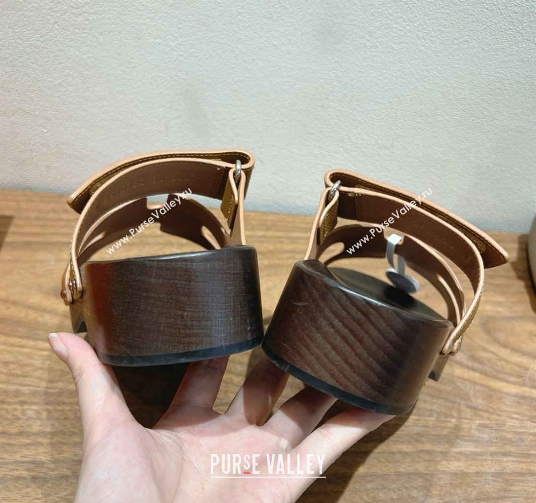 Hermes Kos Clog Slides Sandal 4cm in Epsom Leather and Wood Outsole Light Brown 2025 0419 (XC-250419042)