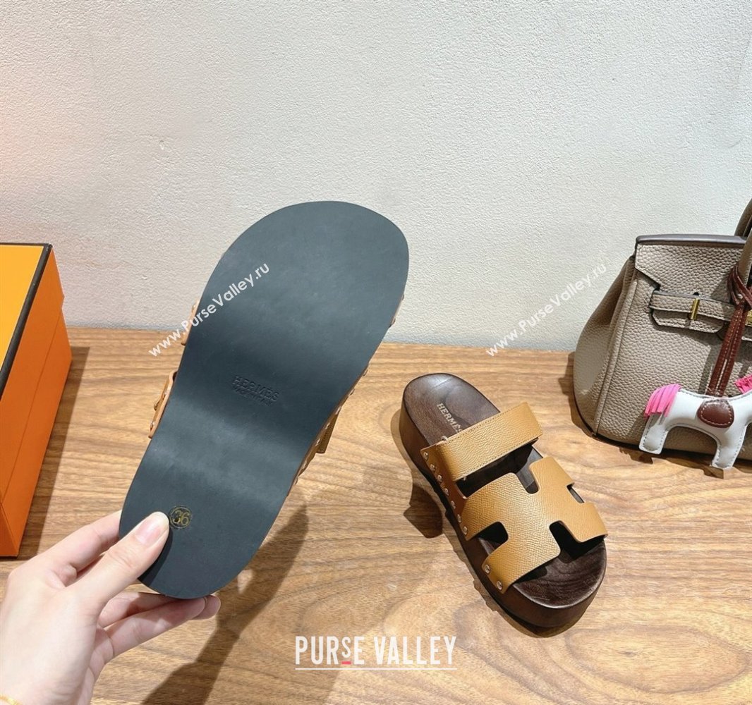 Hermes Kos Clog Slides Sandal 4cm in Epsom Leather and Wood Outsole Light Brown 2025 0419 (XC-250419042)