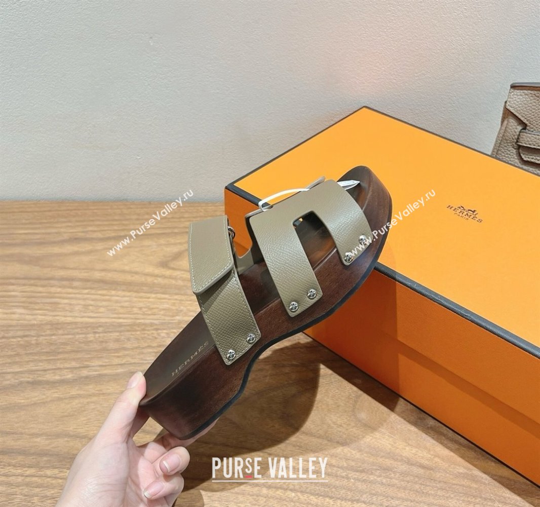 Hermes Kos Clog Slides Sandal 4cm in Epsom Leather and Wood Outsole Pitch Grey 2025 0419 (XC-250419043)