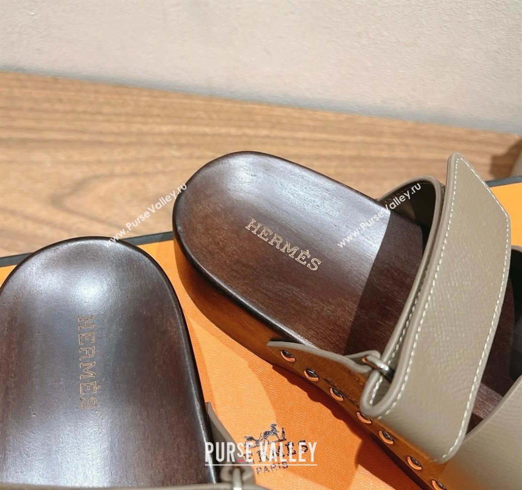 Hermes Kos Clog Slides Sandal 4cm in Epsom Leather and Wood Outsole Pitch Grey 2025 0419 (XC-250419043)