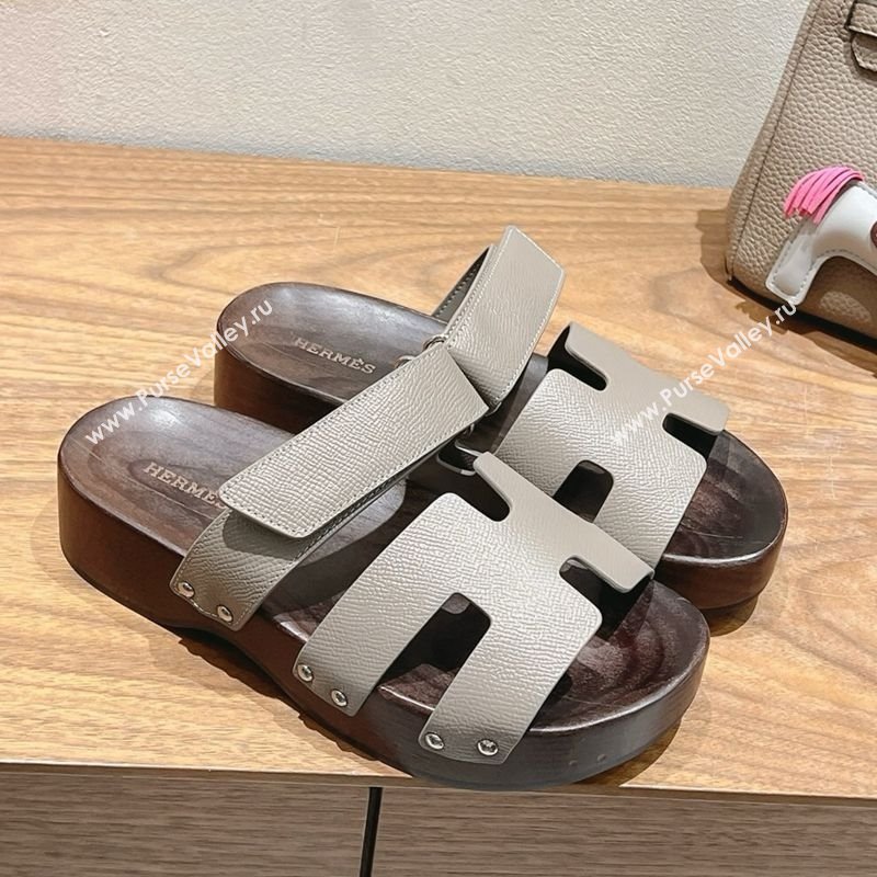 Hermes Kos Clog Slides Sandal 4cm in Epsom Leather and Wood Outsole Grey2 2025 0419 (XC-250419044)