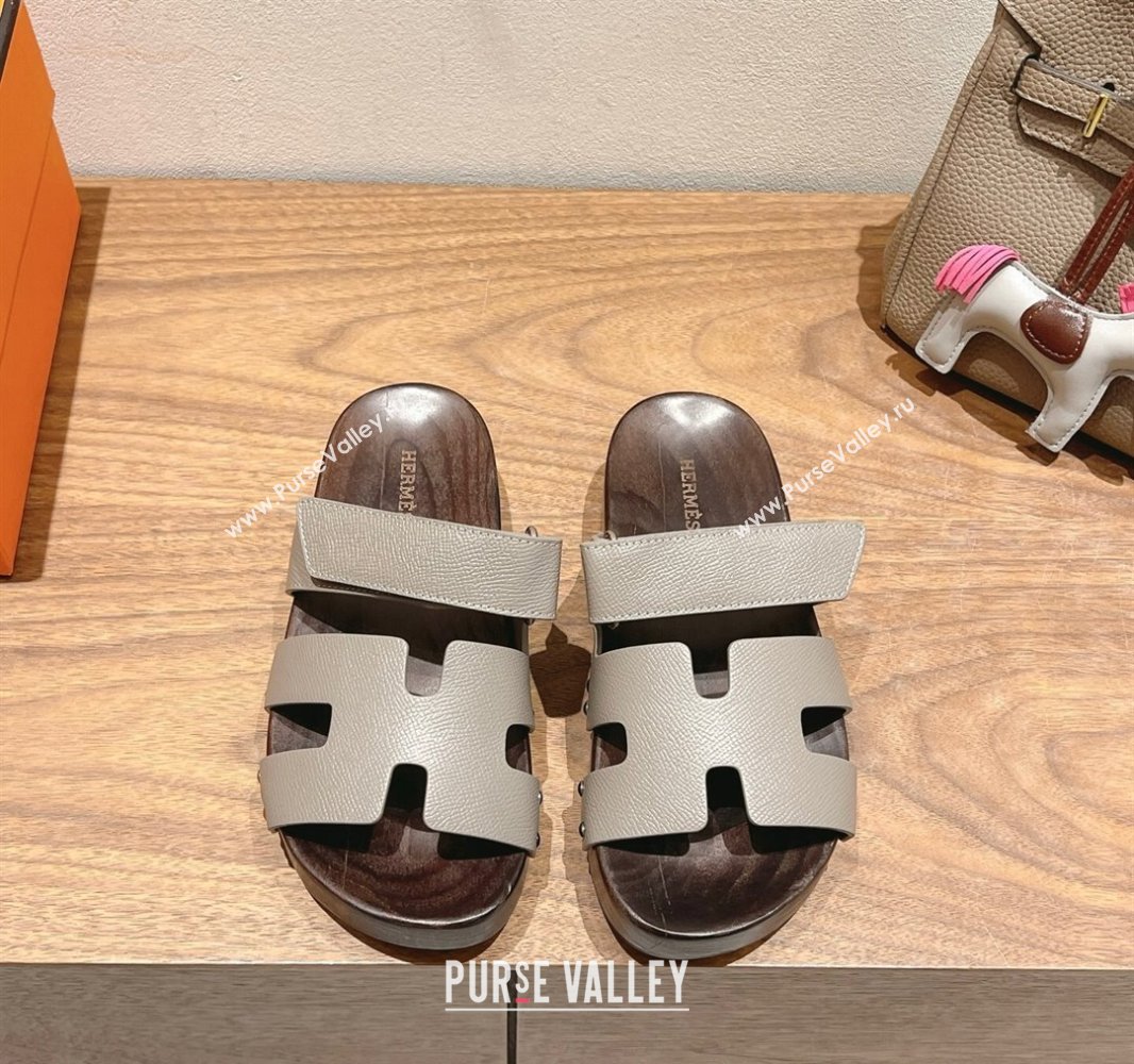 Hermes Kos Clog Slides Sandal 4cm in Epsom Leather and Wood Outsole Grey2 2025 0419 (XC-250419044)