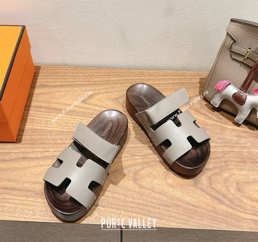 Hermes Kos Clog Slides Sandal 4cm in Epsom Leather and Wood Outsole Grey2 2025 0419 (XC-250419044)