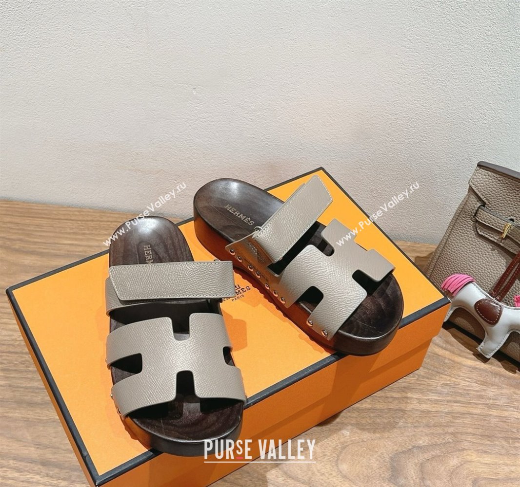 Hermes Kos Clog Slides Sandal 4cm in Epsom Leather and Wood Outsole Grey2 2025 0419 (XC-250419044)