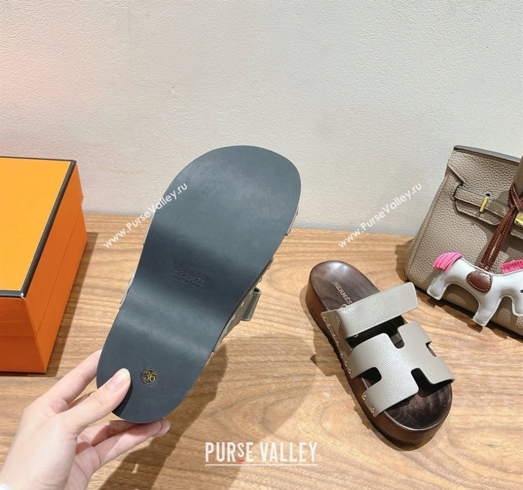 Hermes Kos Clog Slides Sandal 4cm in Epsom Leather and Wood Outsole Grey2 2025 0419 (XC-250419044)