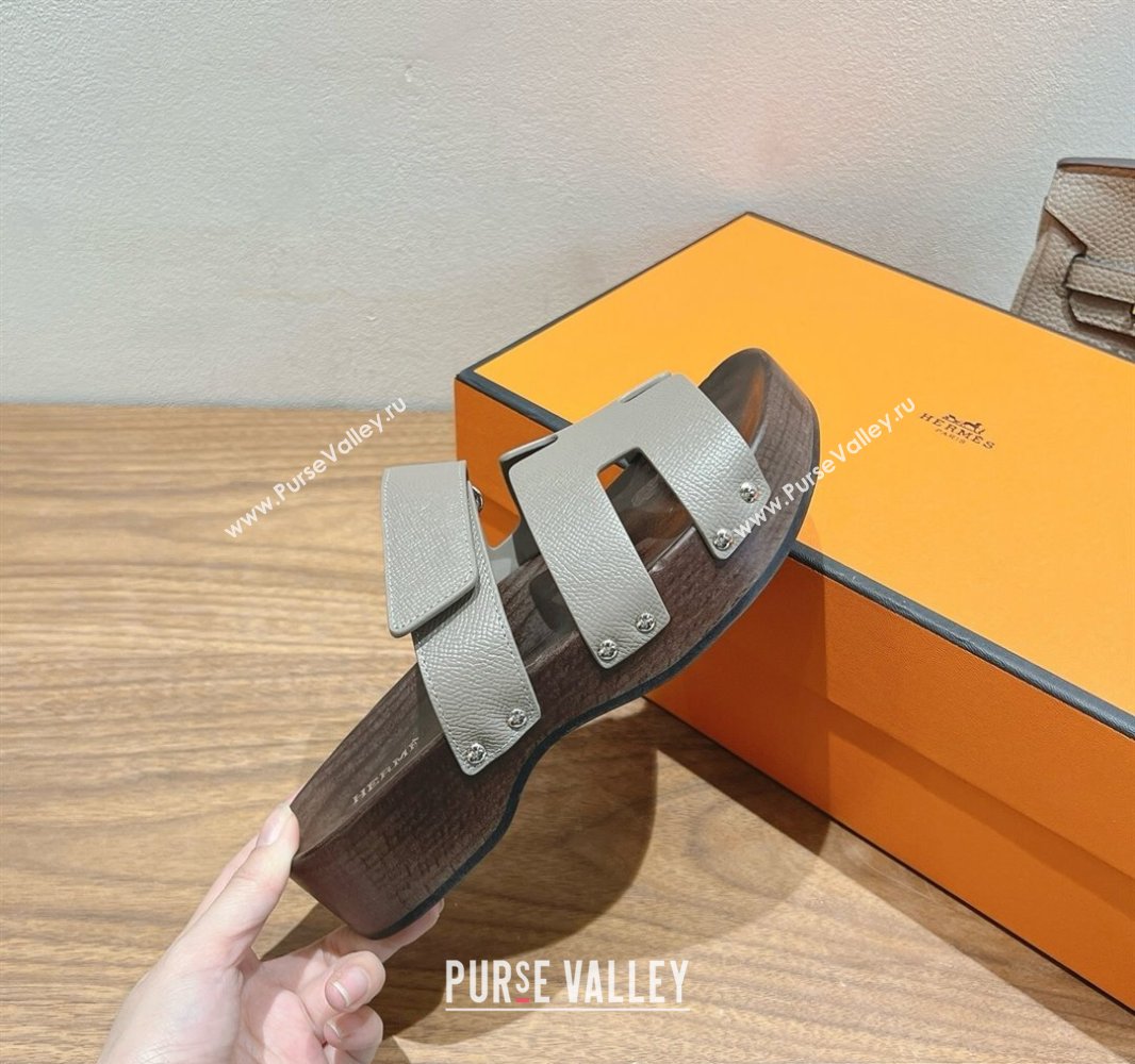 Hermes Kos Clog Slides Sandal 4cm in Epsom Leather and Wood Outsole Grey2 2025 0419 (XC-250419044)