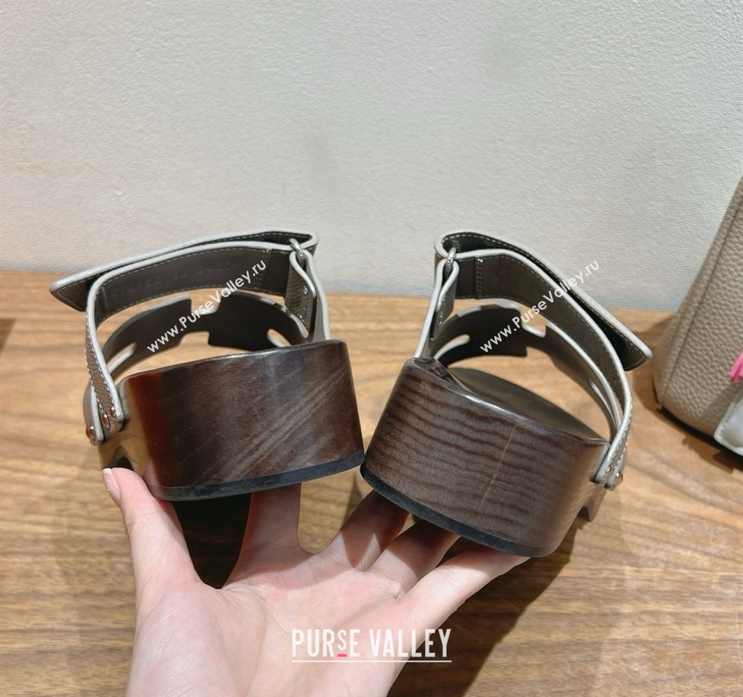 Hermes Kos Clog Slides Sandal 4cm in Epsom Leather and Wood Outsole Grey2 2025 0419 (XC-250419044)