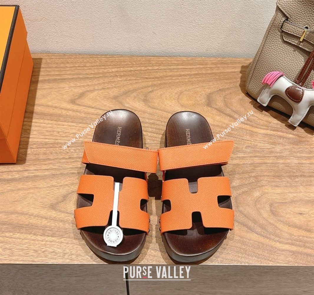 Hermes Kos Clog Slides Sandal 4cm in Epsom Leather and Wood Outsole Orange 2025 0419 (XC-250419045)
