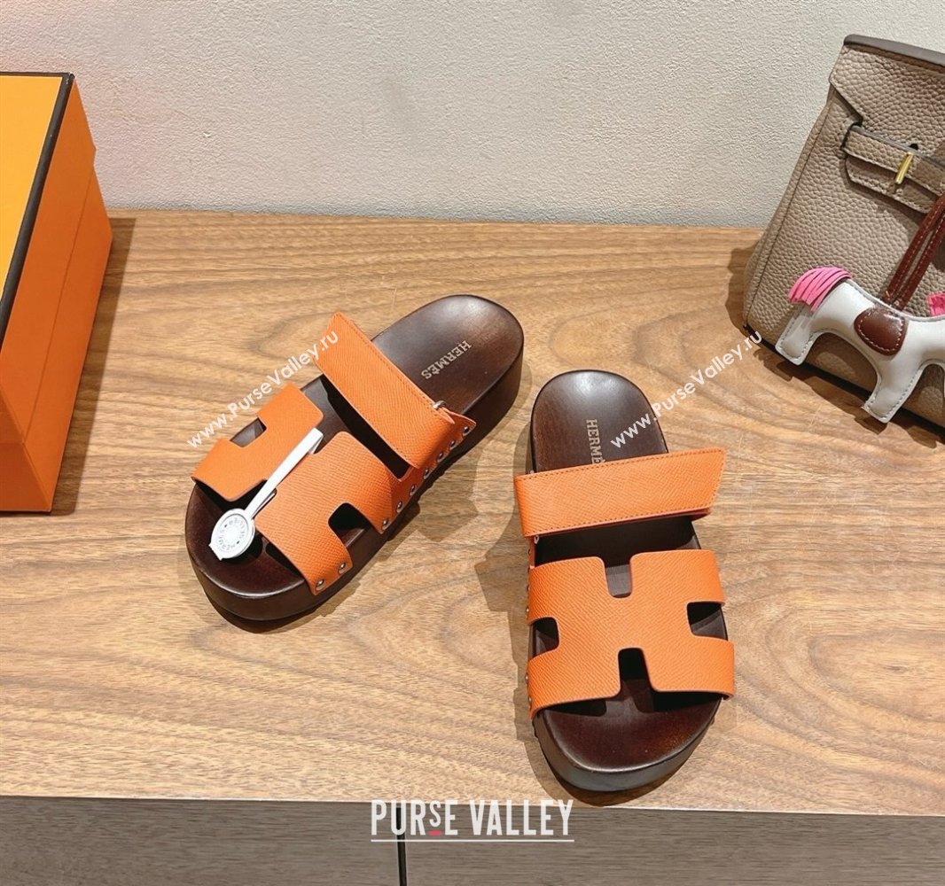 Hermes Kos Clog Slides Sandal 4cm in Epsom Leather and Wood Outsole Orange 2025 0419 (XC-250419045)