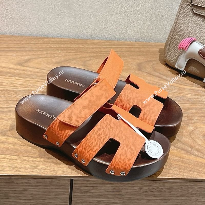 Hermes Kos Clog Slides Sandal 4cm in Epsom Leather and Wood Outsole Orange 2025 0419 (XC-250419045)