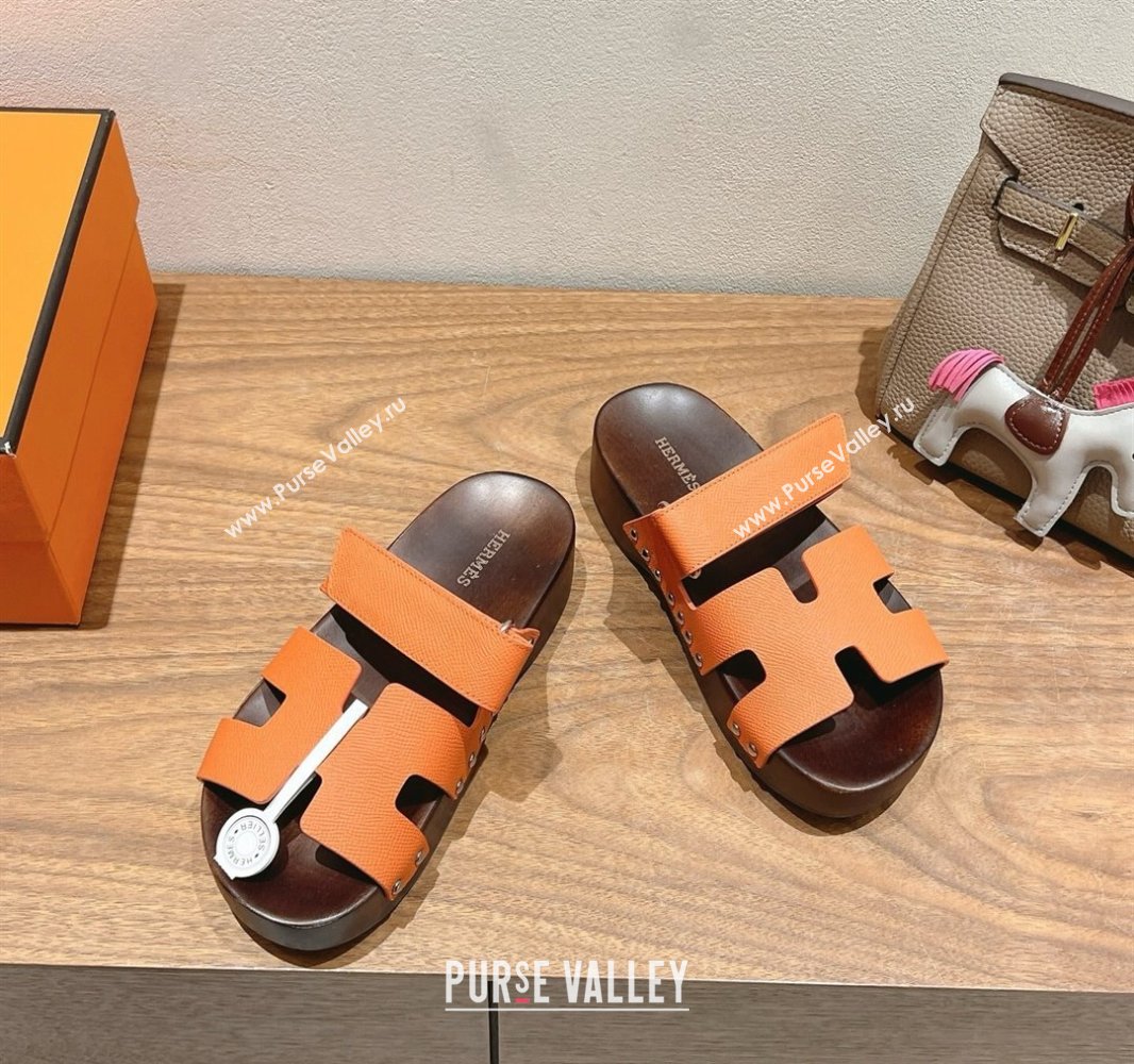 Hermes Kos Clog Slides Sandal 4cm in Epsom Leather and Wood Outsole Orange 2025 0419 (XC-250419045)