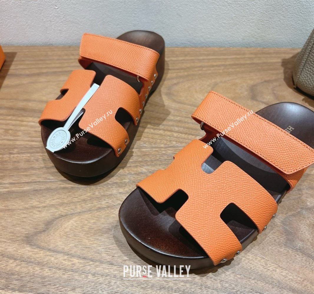 Hermes Kos Clog Slides Sandal 4cm in Epsom Leather and Wood Outsole Orange 2025 0419 (XC-250419045)