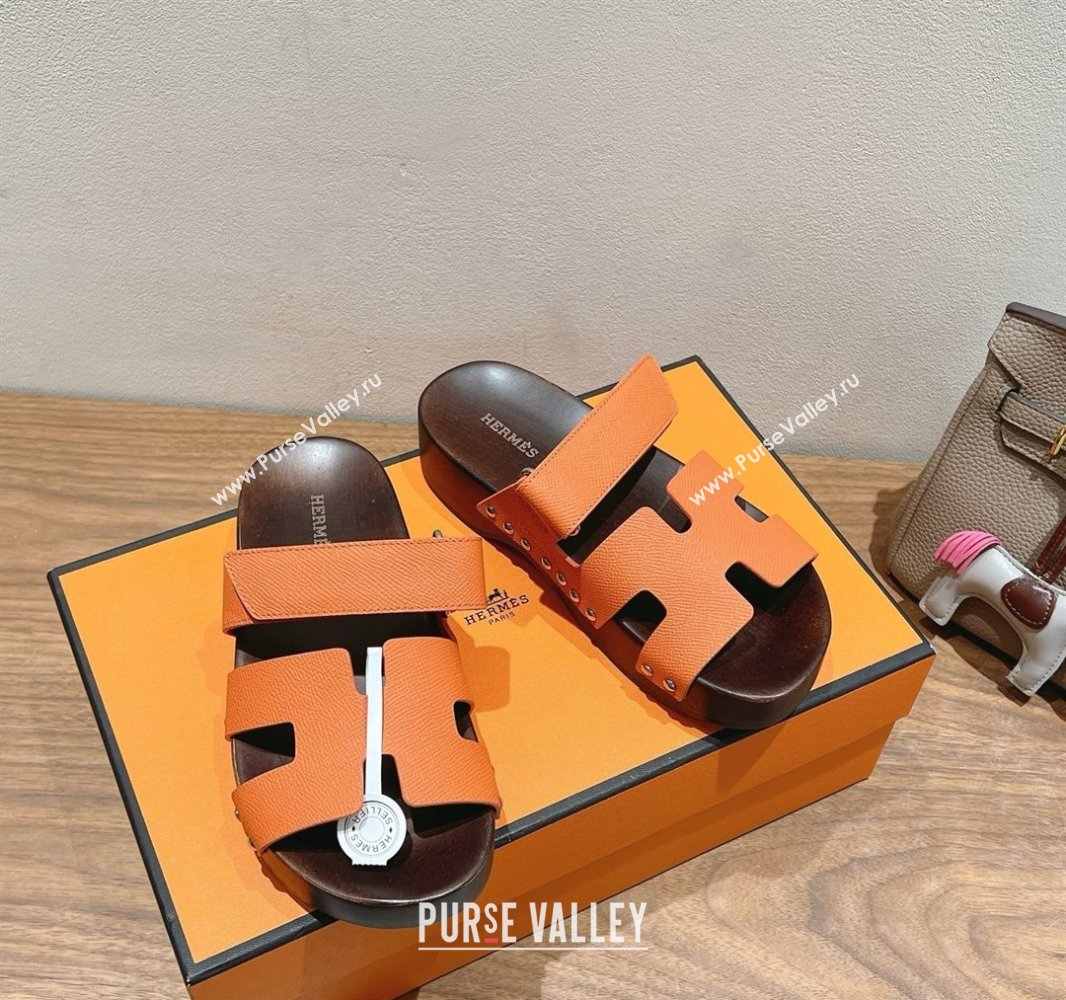 Hermes Kos Clog Slides Sandal 4cm in Epsom Leather and Wood Outsole Orange 2025 0419 (XC-250419045)