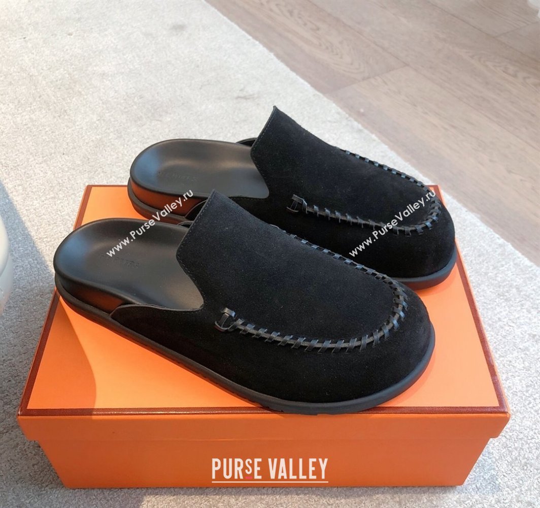 Hermes Johan Flat Mules in Suede Black 2025 0418 (XC-250418117)