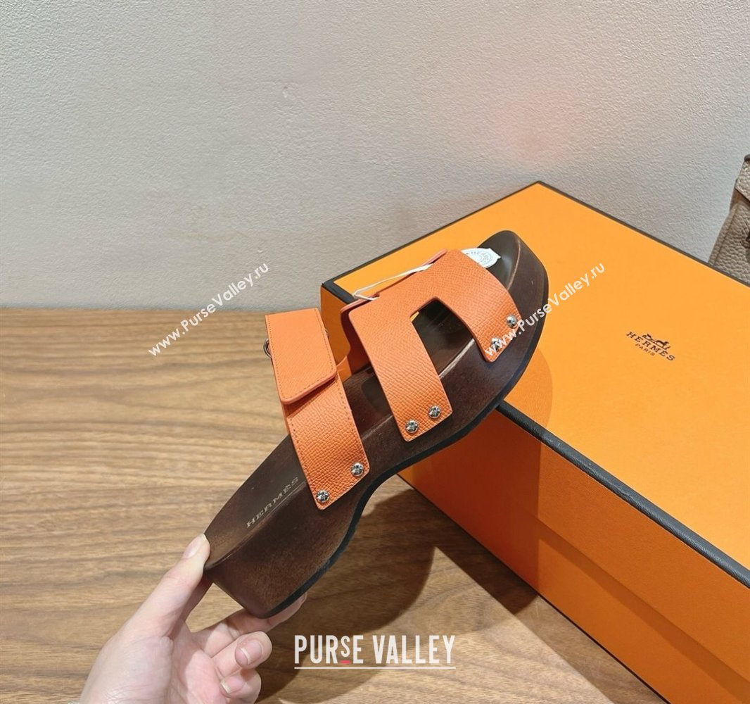 Hermes Kos Clog Slides Sandal 4cm in Epsom Leather and Wood Outsole Orange 2025 0419 (XC-250419045)