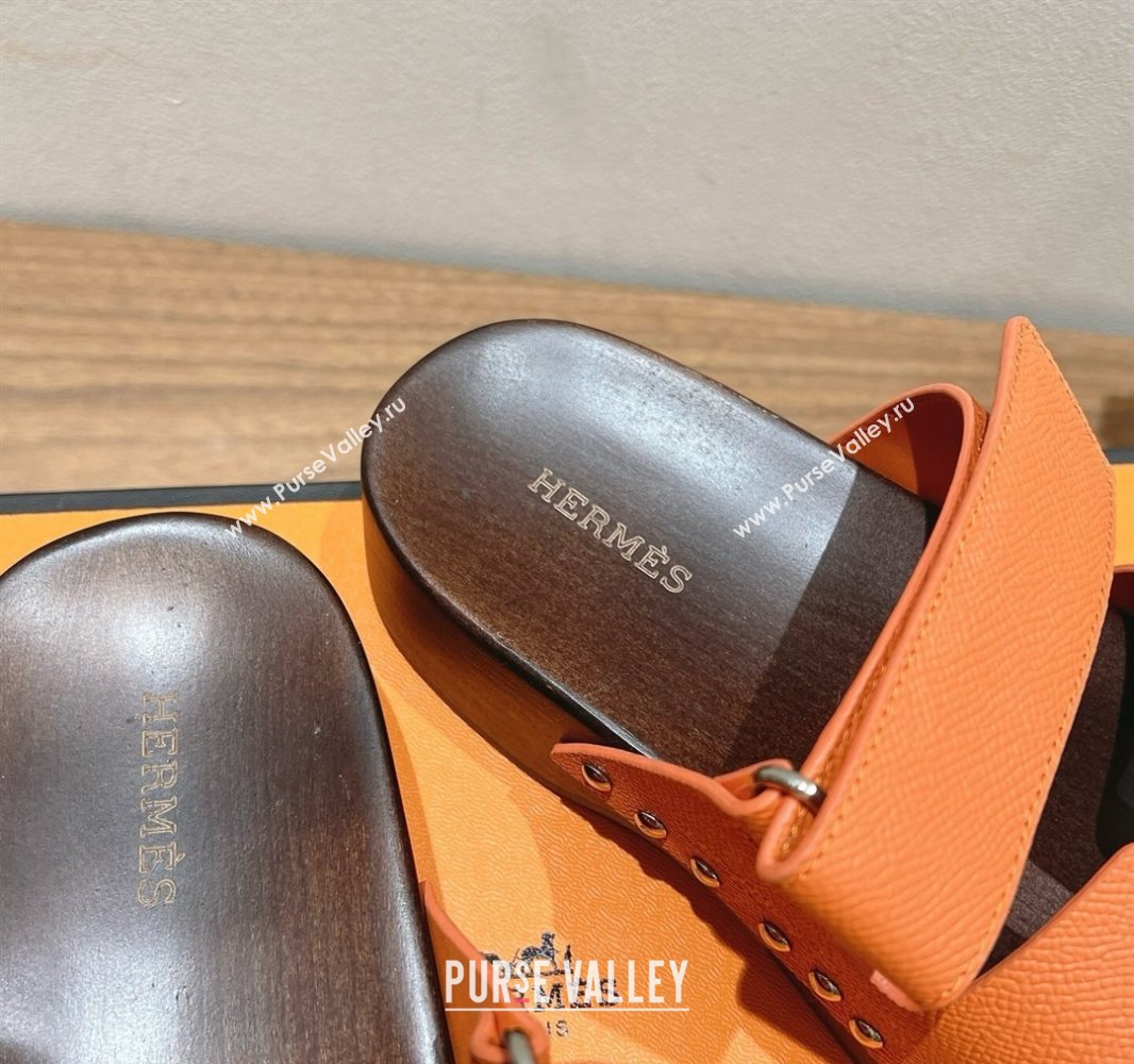 Hermes Kos Clog Slides Sandal 4cm in Epsom Leather and Wood Outsole Orange 2025 0419 (XC-250419045)