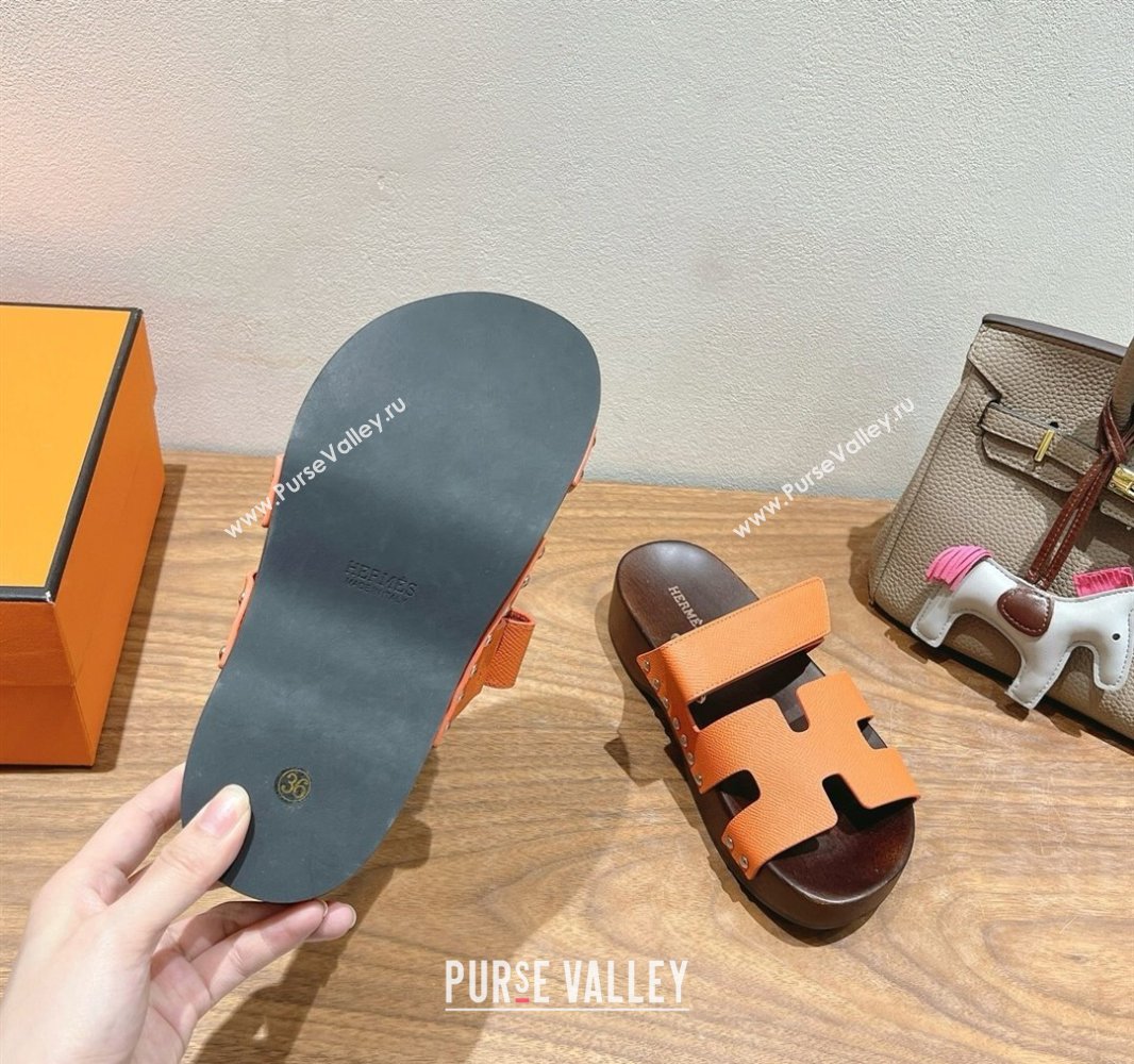 Hermes Kos Clog Slides Sandal 4cm in Epsom Leather and Wood Outsole Orange 2025 0419 (XC-250419045)