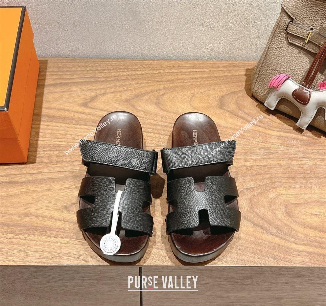 Hermes Kos Clog Slides Sandal 4cm in Epsom Leather and Wood Outsole Black 2025 0419 (XC-250419046)