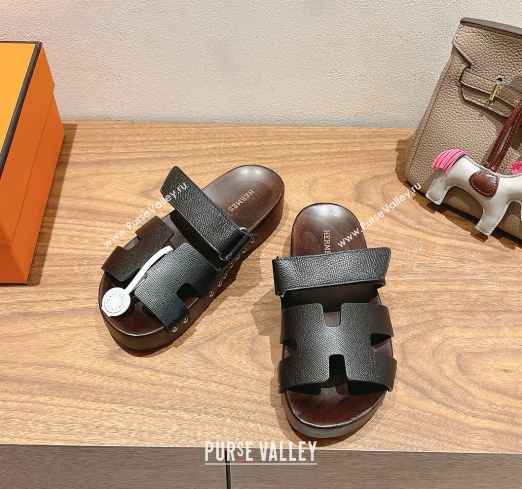 Hermes Kos Clog Slides Sandal 4cm in Epsom Leather and Wood Outsole Black 2025 0419 (XC-250419046)