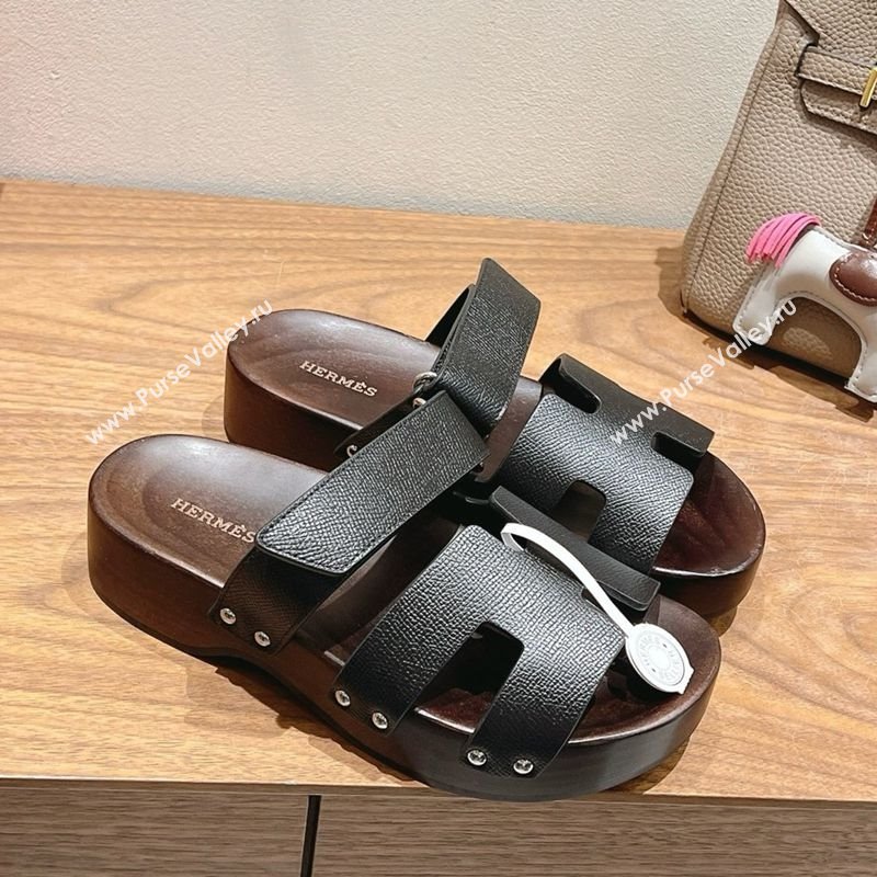 Hermes Kos Clog Slides Sandal 4cm in Epsom Leather and Wood Outsole Black 2025 0419 (XC-250419046)