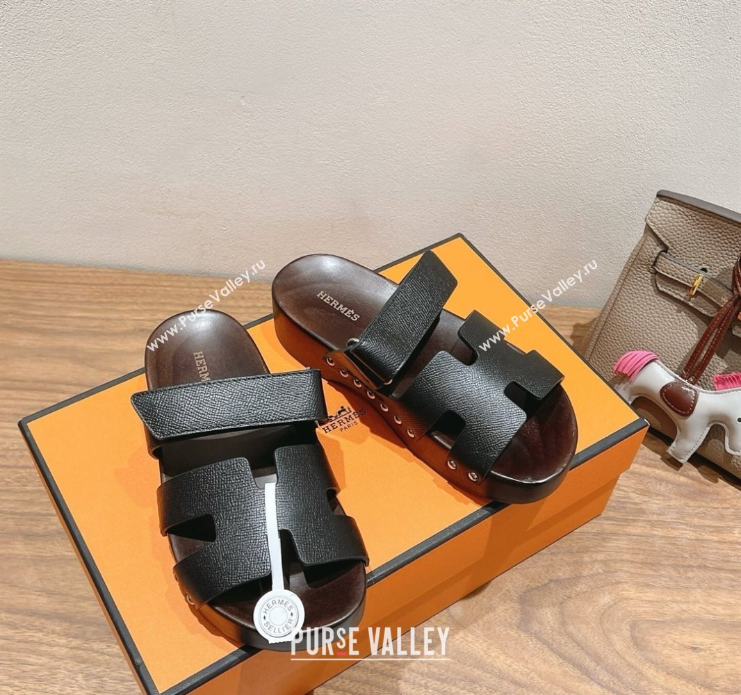 Hermes Kos Clog Slides Sandal 4cm in Epsom Leather and Wood Outsole Black 2025 0419 (XC-250419046)