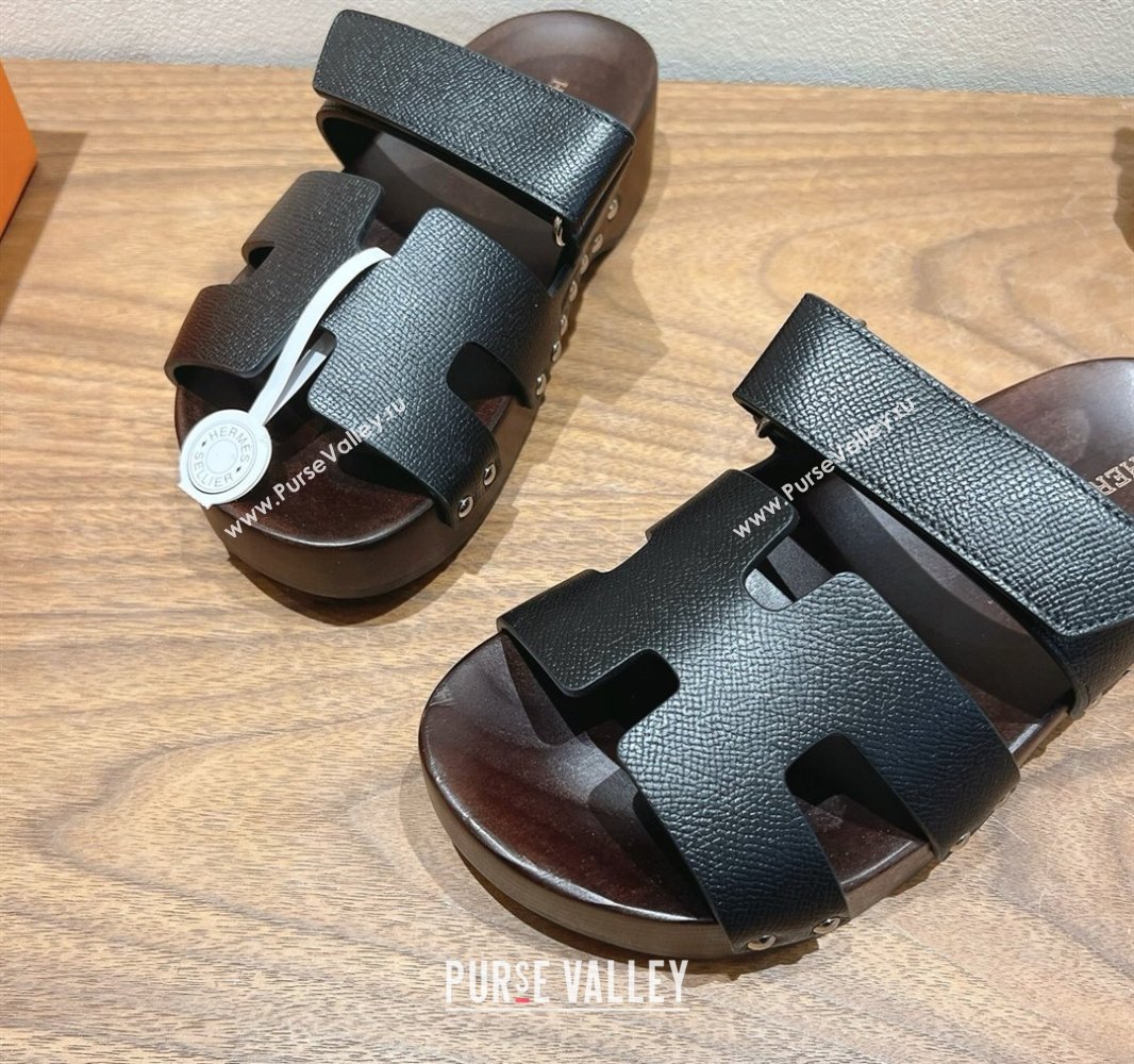 Hermes Kos Clog Slides Sandal 4cm in Epsom Leather and Wood Outsole Black 2025 0419 (XC-250419046)
