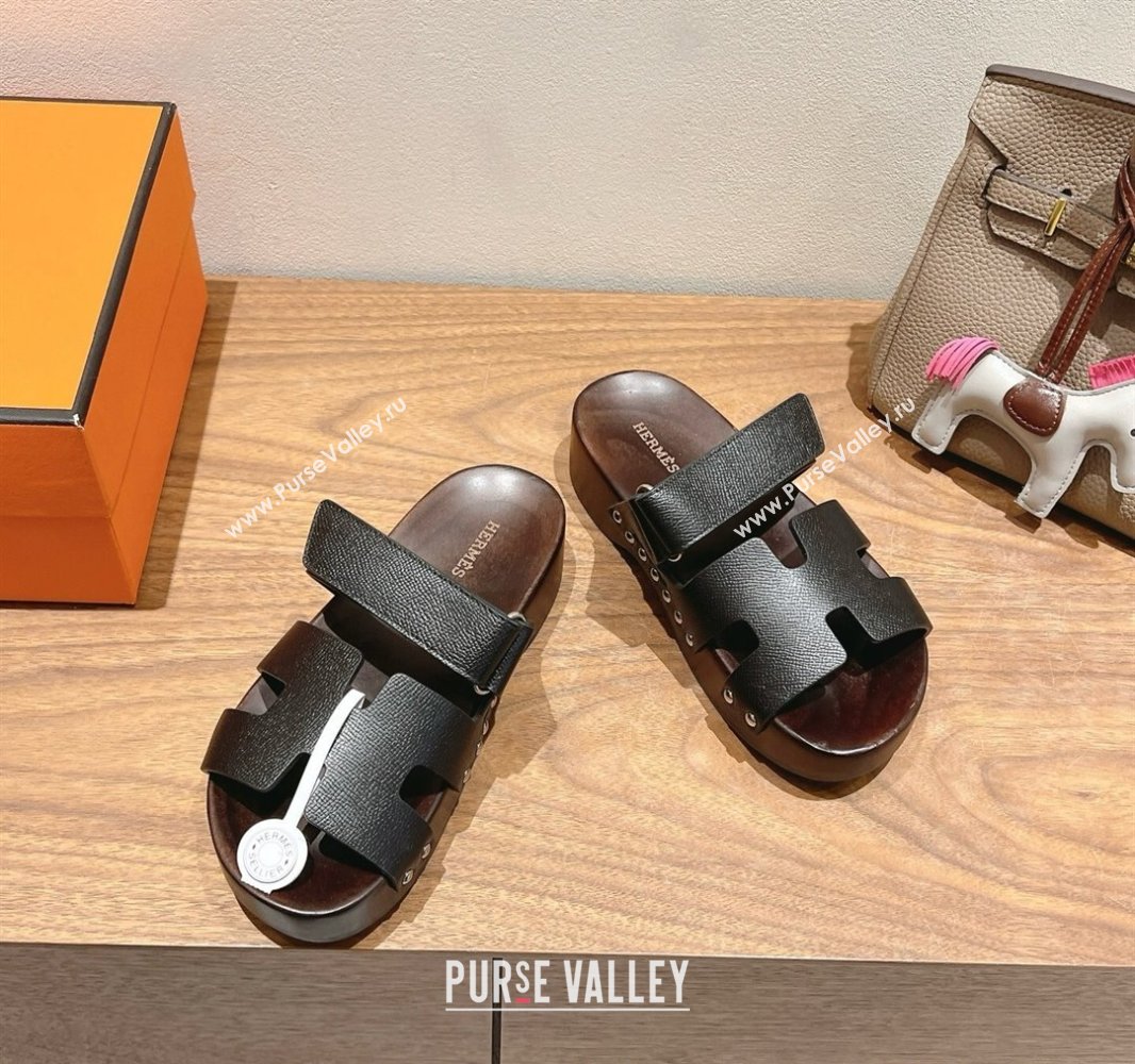 Hermes Kos Clog Slides Sandal 4cm in Epsom Leather and Wood Outsole Black 2025 0419 (XC-250419046)