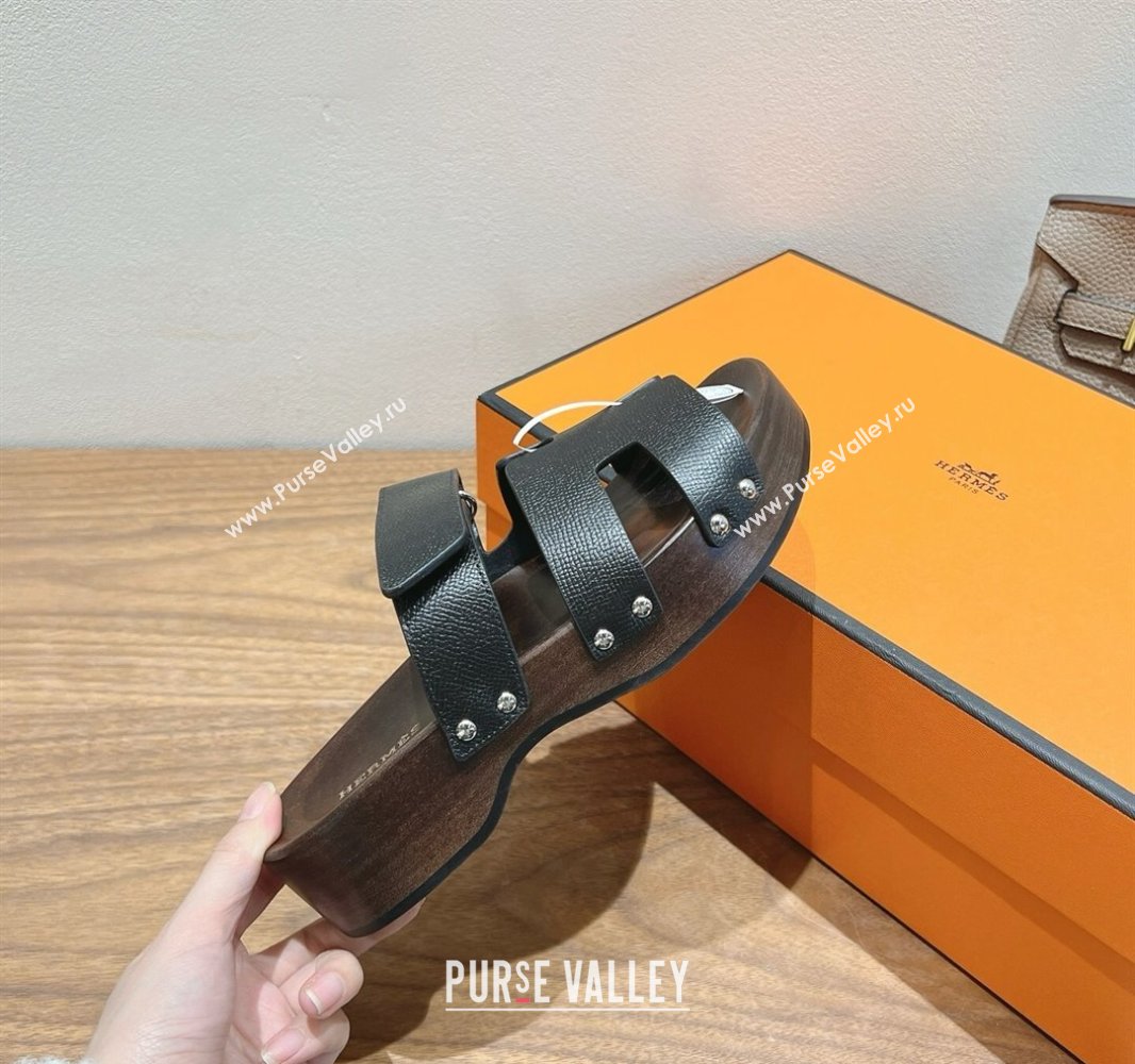 Hermes Kos Clog Slides Sandal 4cm in Epsom Leather and Wood Outsole Black 2025 0419 (XC-250419046)