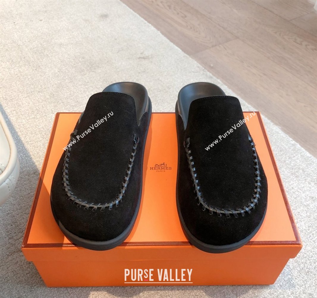 Hermes Johan Flat Mules in Suede Black 2025 0418 (XC-250418117)