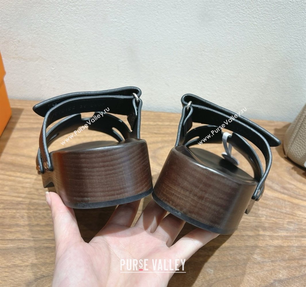 Hermes Kos Clog Slides Sandal 4cm in Epsom Leather and Wood Outsole Black 2025 0419 (XC-250419046)