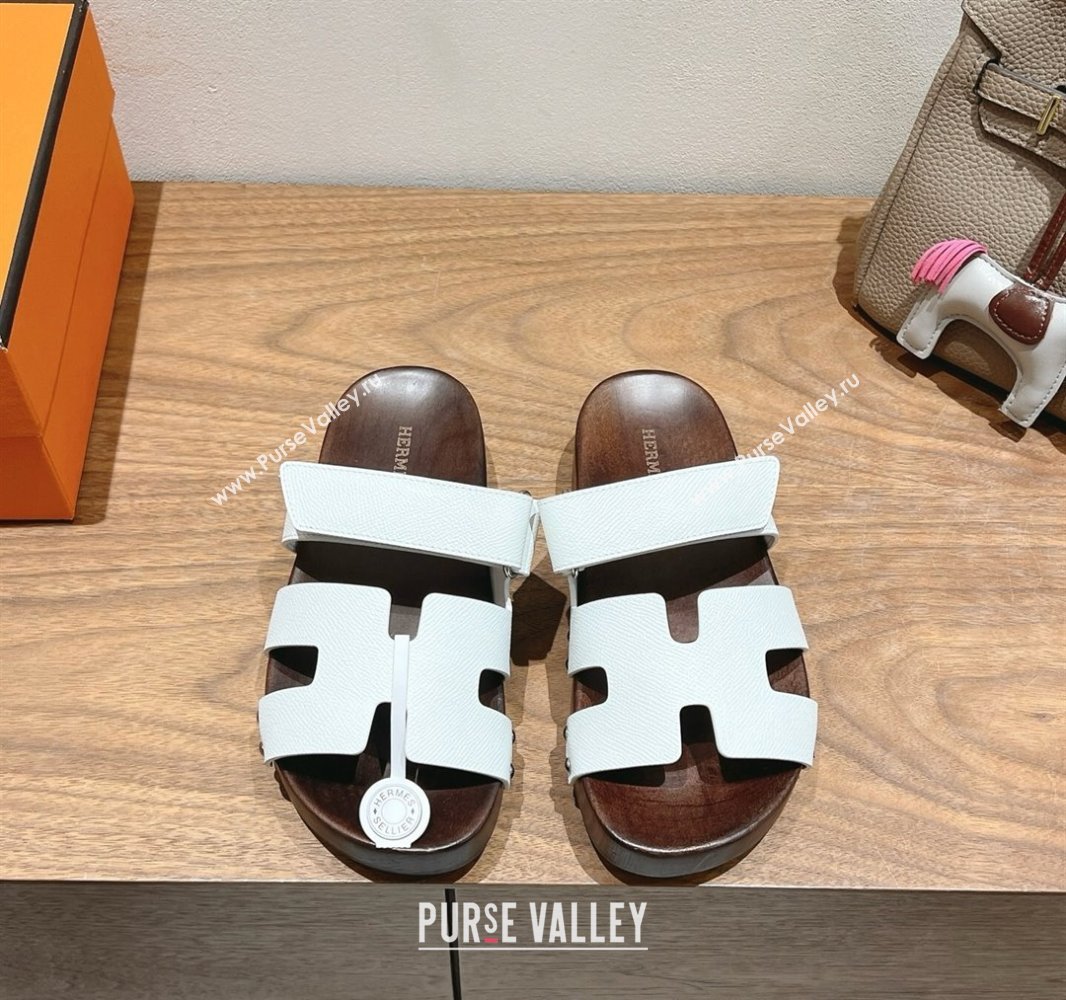 Hermes Kos Clog Slides Sandal 4cm in Epsom Leather and Wood Outsole White 2025 0419 (XC-250419047)