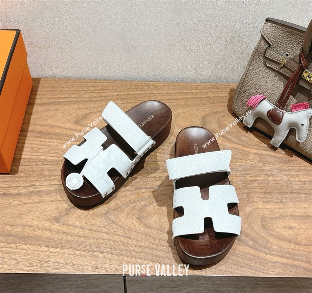 Hermes Kos Clog Slides Sandal 4cm in Epsom Leather and Wood Outsole White 2025 0419 (XC-250419047)