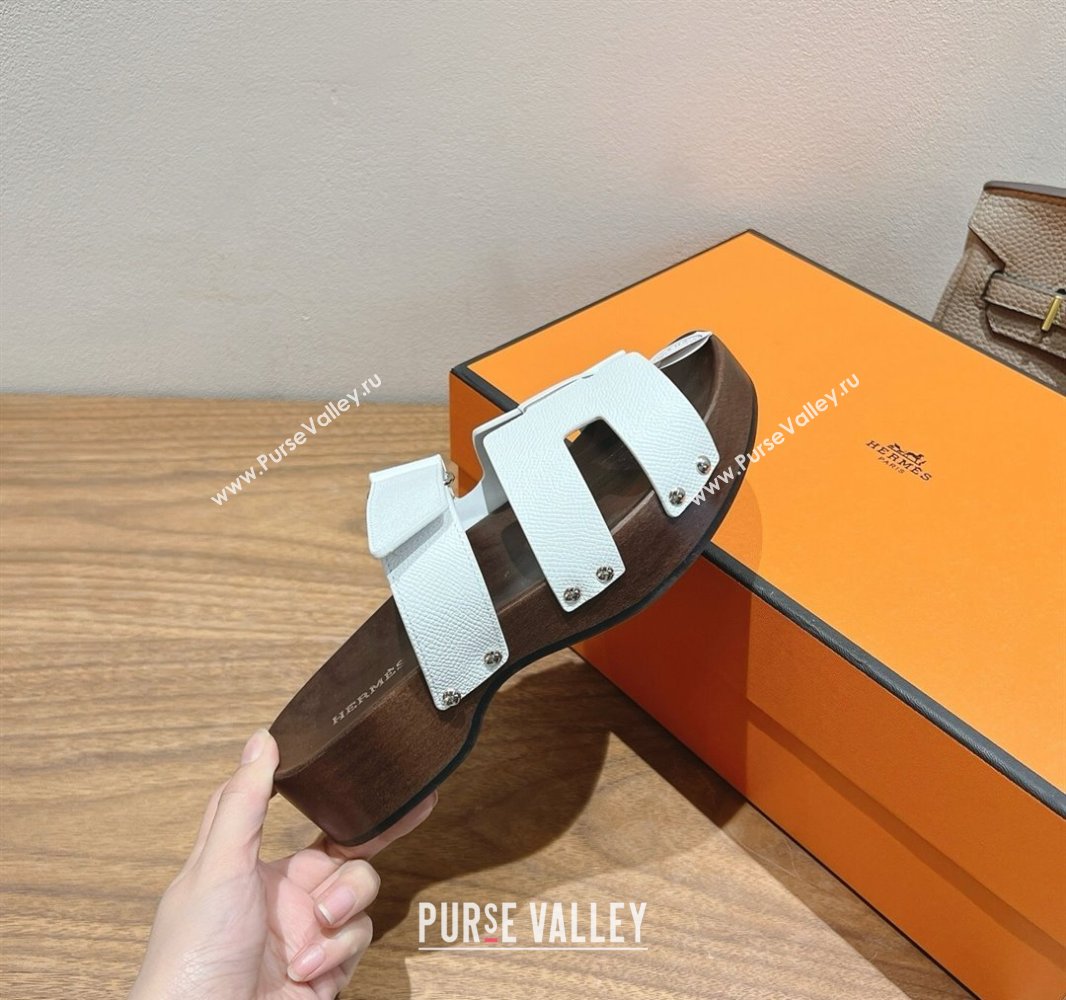 Hermes Kos Clog Slides Sandal 4cm in Epsom Leather and Wood Outsole White 2025 0419 (XC-250419047)