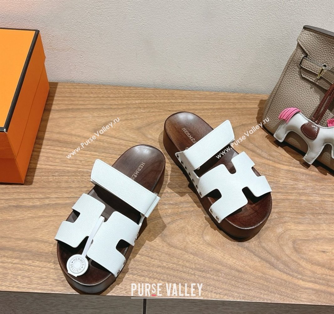 Hermes Kos Clog Slides Sandal 4cm in Epsom Leather and Wood Outsole White 2025 0419 (XC-250419047)