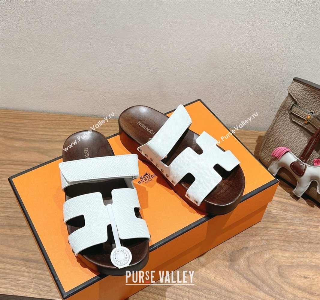 Hermes Kos Clog Slides Sandal 4cm in Epsom Leather and Wood Outsole White 2025 0419 (XC-250419047)