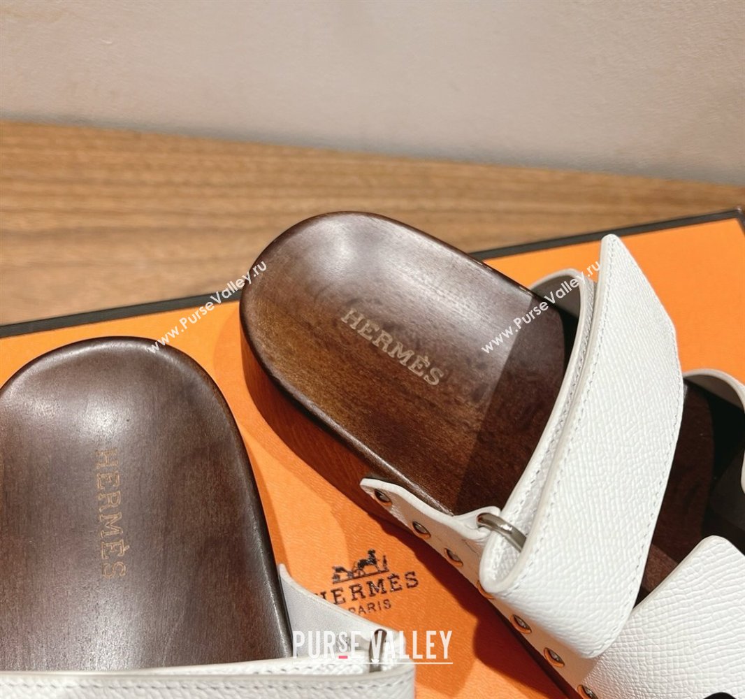 Hermes Kos Clog Slides Sandal 4cm in Epsom Leather and Wood Outsole White 2025 0419 (XC-250419047)